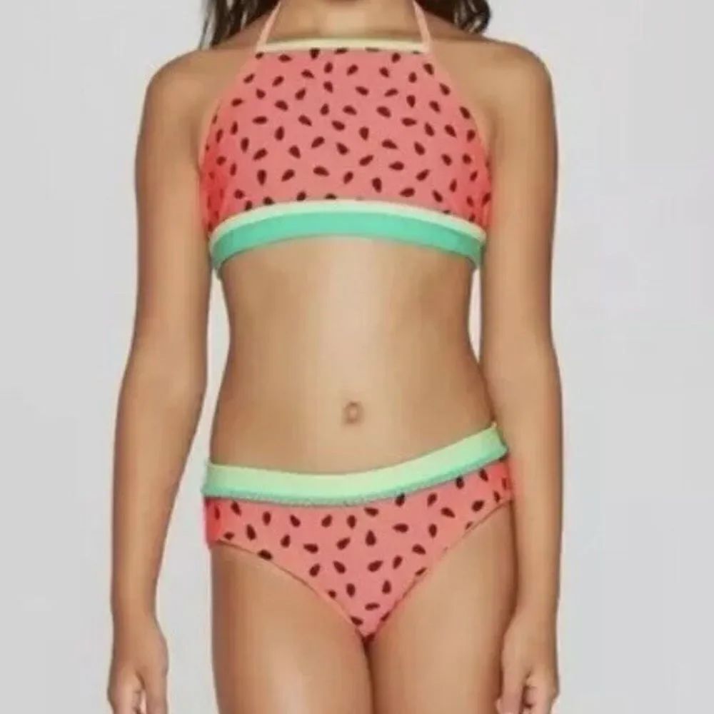 Cat & Jack Girls Seeds and Stripes Bikini Coral XXL 18
